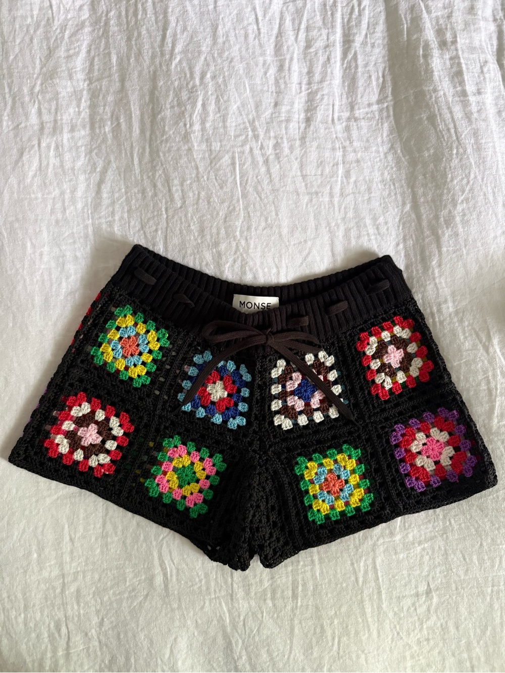 MONSE Black Crochet Granny-Square Shorts with Multicolor Panels size small